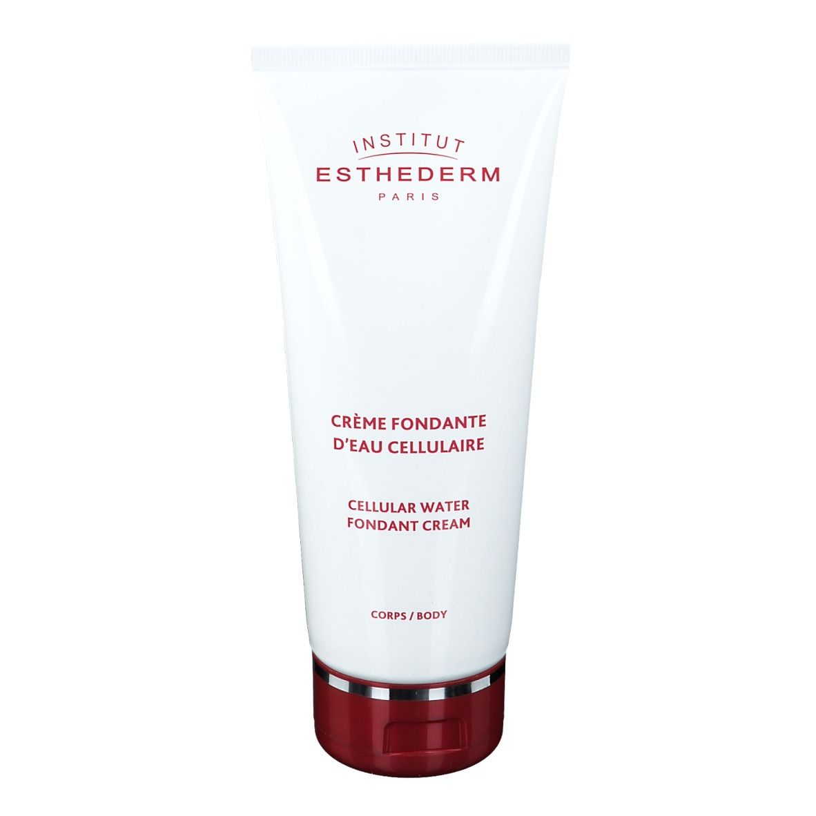 Tube blanc avec bouchon rouge. Inscription: INSTITUT ESTHEDERM PARIS. Texte: CRÈME FONDANTE D'EAU CELLULAIRE. CELLULAR WATER FONDANT CREAM. CORPS/BODY.