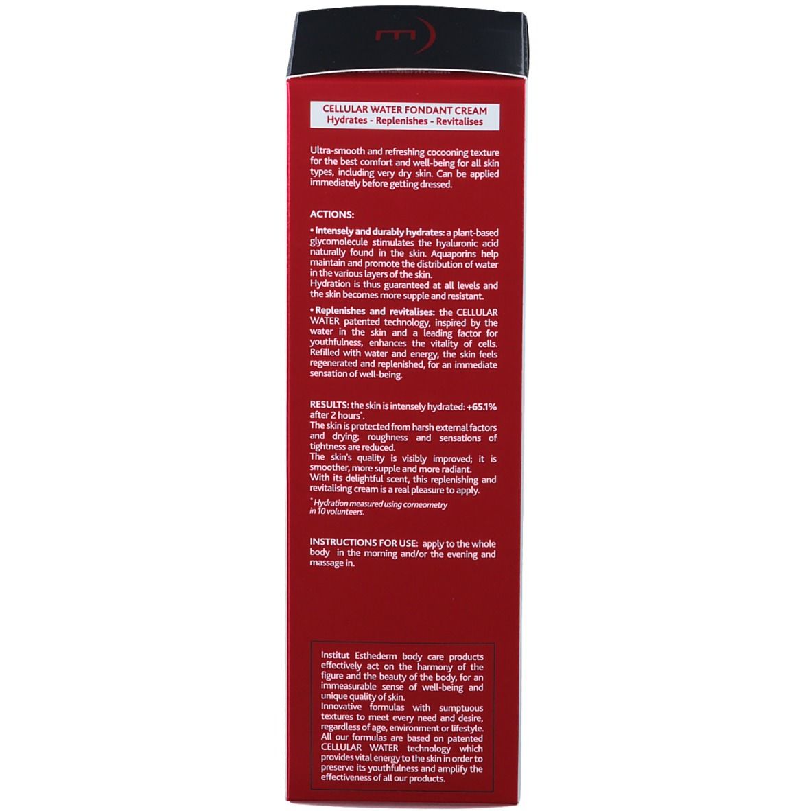 Dos de l'emballage. Texte: CELLULAR WATER FONDANT CREAM. Hydrates - Replenishes - Revitalises. Instructions d'utilisation. INSTITUT ESTHEDERM.