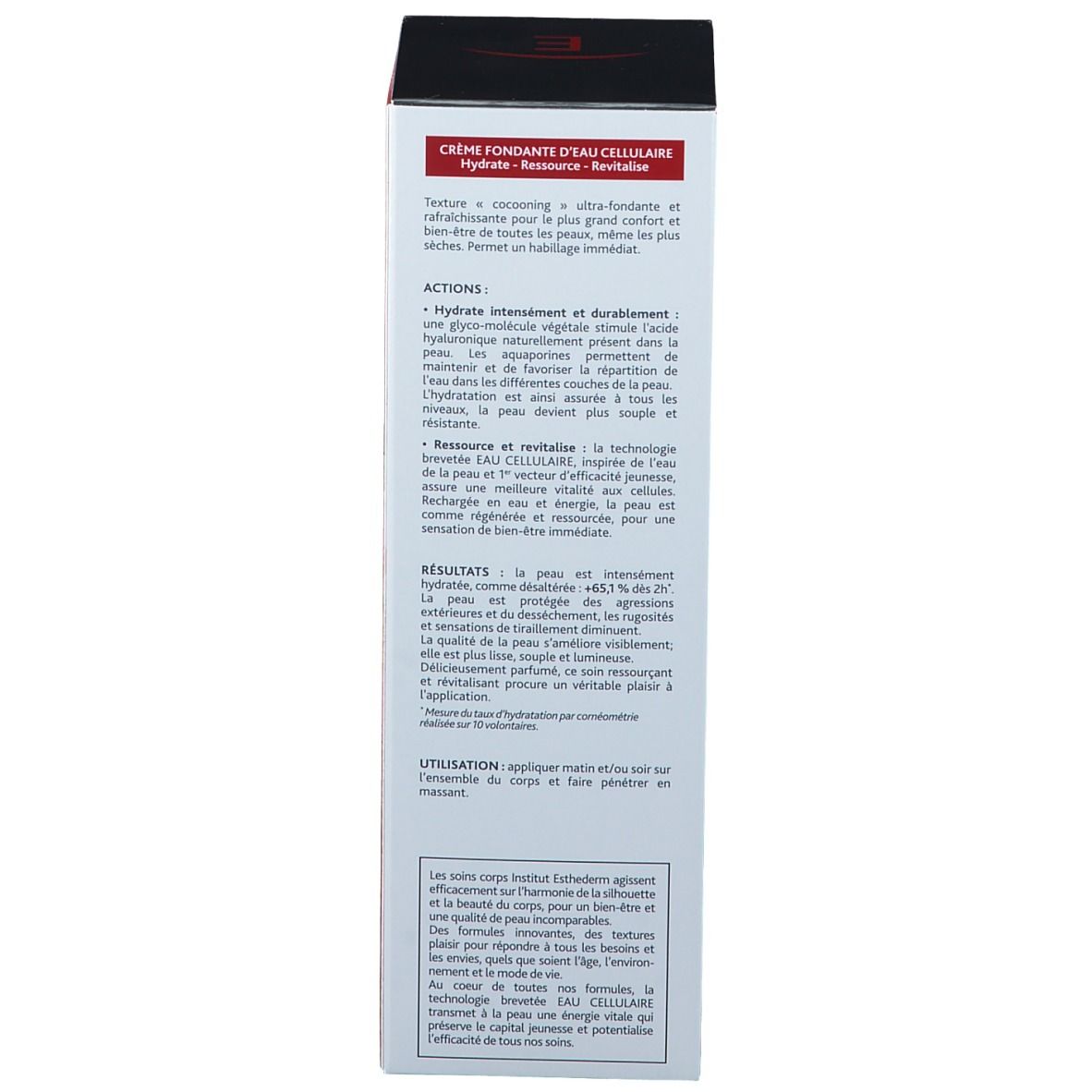 Dos de l'emballage. Texte: CRÈME FONDANTE D'EAU CELLULAIRE. Hydrate - Ressource - Revitalise. Instructions d'utilisation. INSTITUT ESTHEDERM.