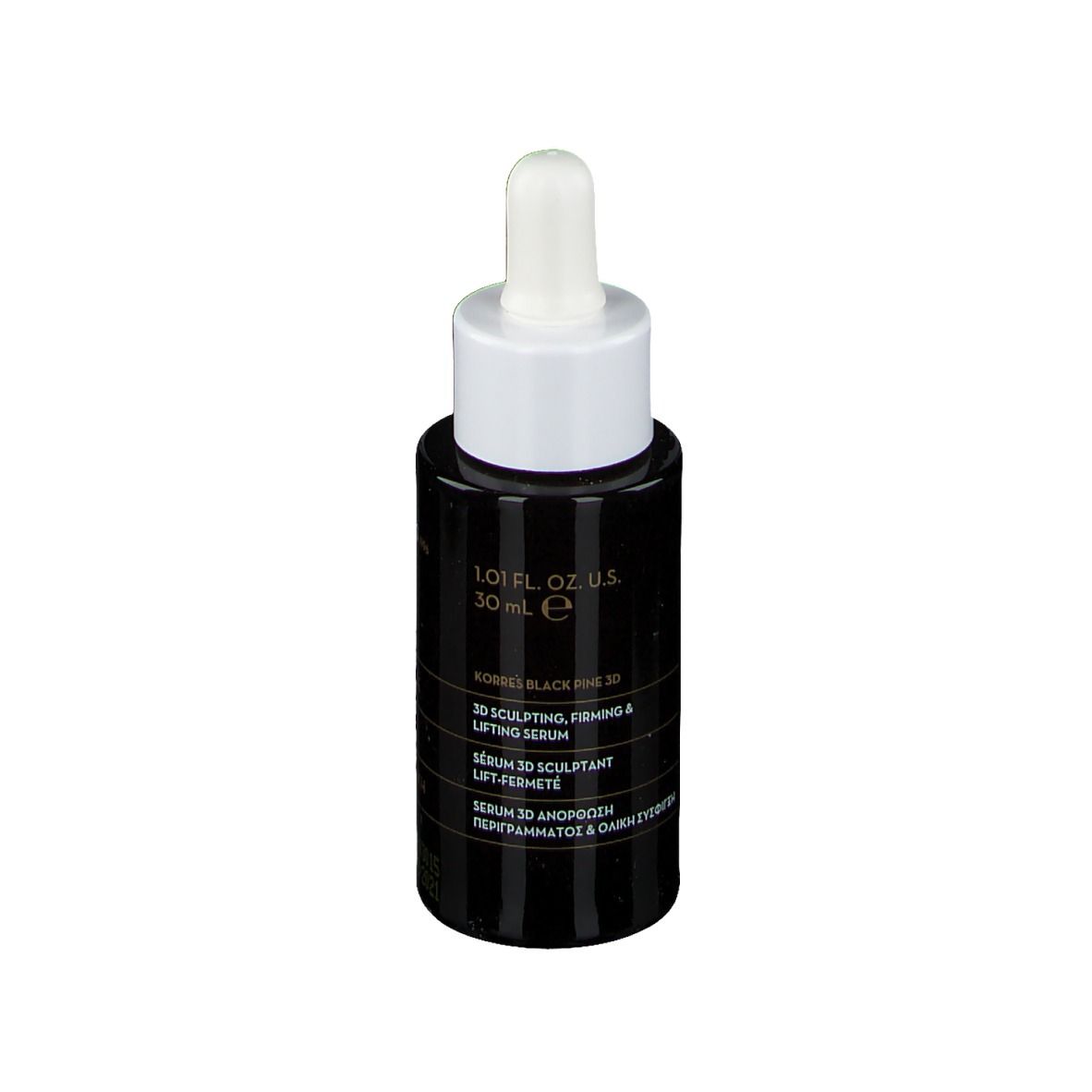 Schwarze Flasche mit weißem Deckel und Pipette. Aufschrift: KORRES Black Pine 3D Serum.