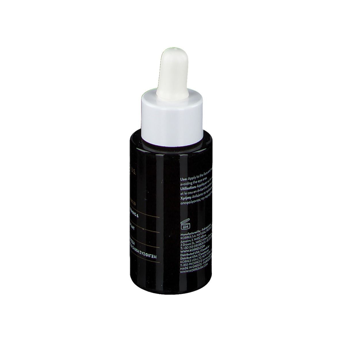 Schwarze Flasche mit weißem Deckel und Pipette. Rückseite mit Text. KORRES Black Pine 3D Serum.
