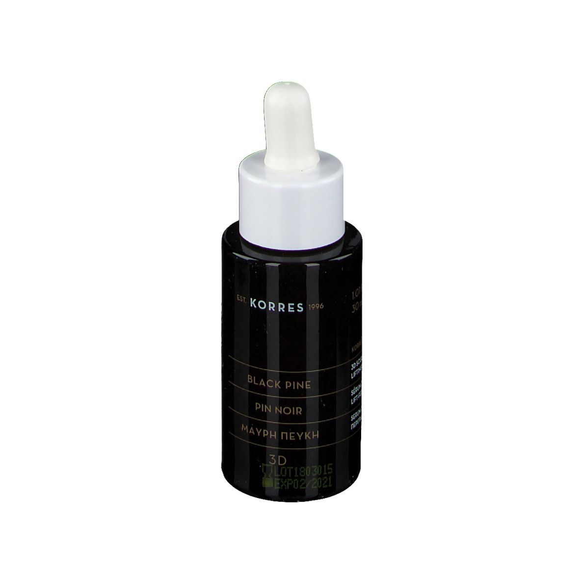 Schwarze Flasche mit weißem Deckel und Pipette. Aufschrift: KORRES Black Pine 3D Serum.