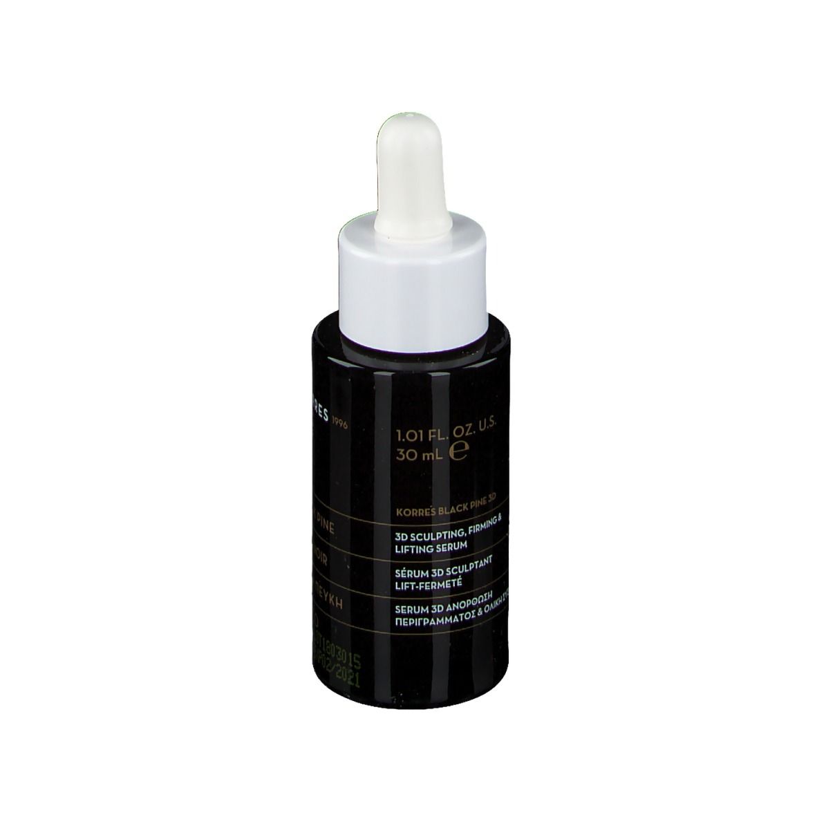 Schwarze Flasche mit weißem Deckel und Pipette. Aufschrift: KORRES Black Pine 3D Serum.