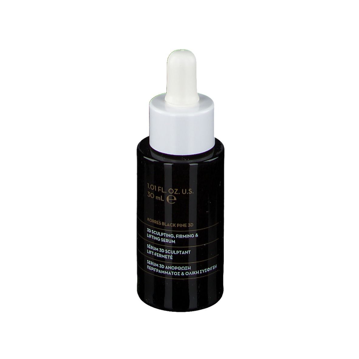 Schwarze Flasche mit weißem Deckel und Pipette. Aufschrift: KORRES Black Pine 3D Serum.