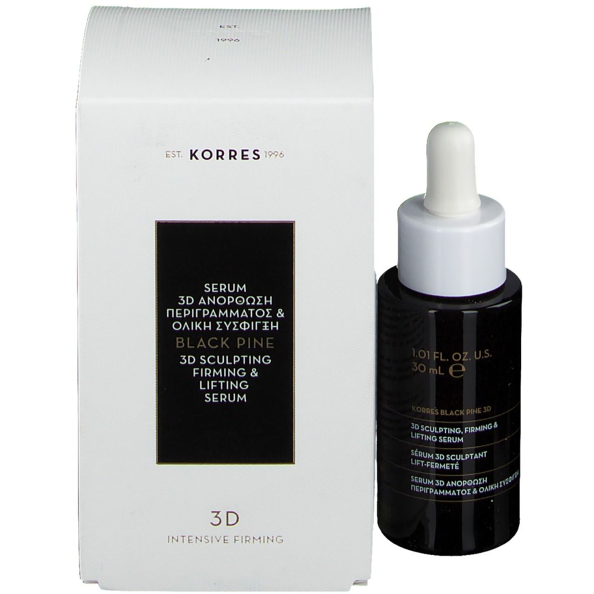 KORRES Black Pine 3D Serum und Verpackung. Weiße Schachtel mit schwarzem Text. Serumflasche daneben.