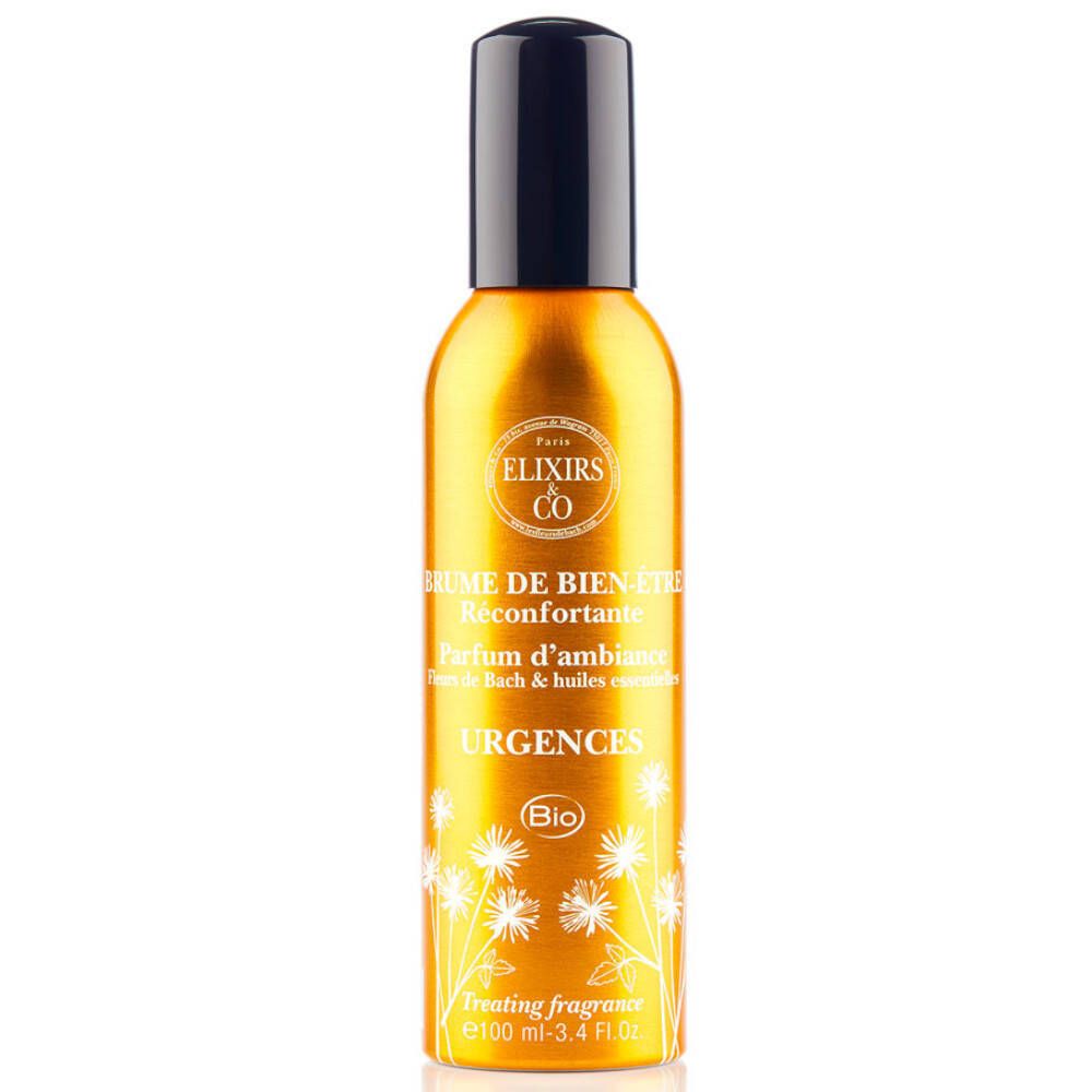 Goldfarbene Sprühflasche mit schwarzem Deckel. Aufschrift: Urgences Bio. Blütenmuster.