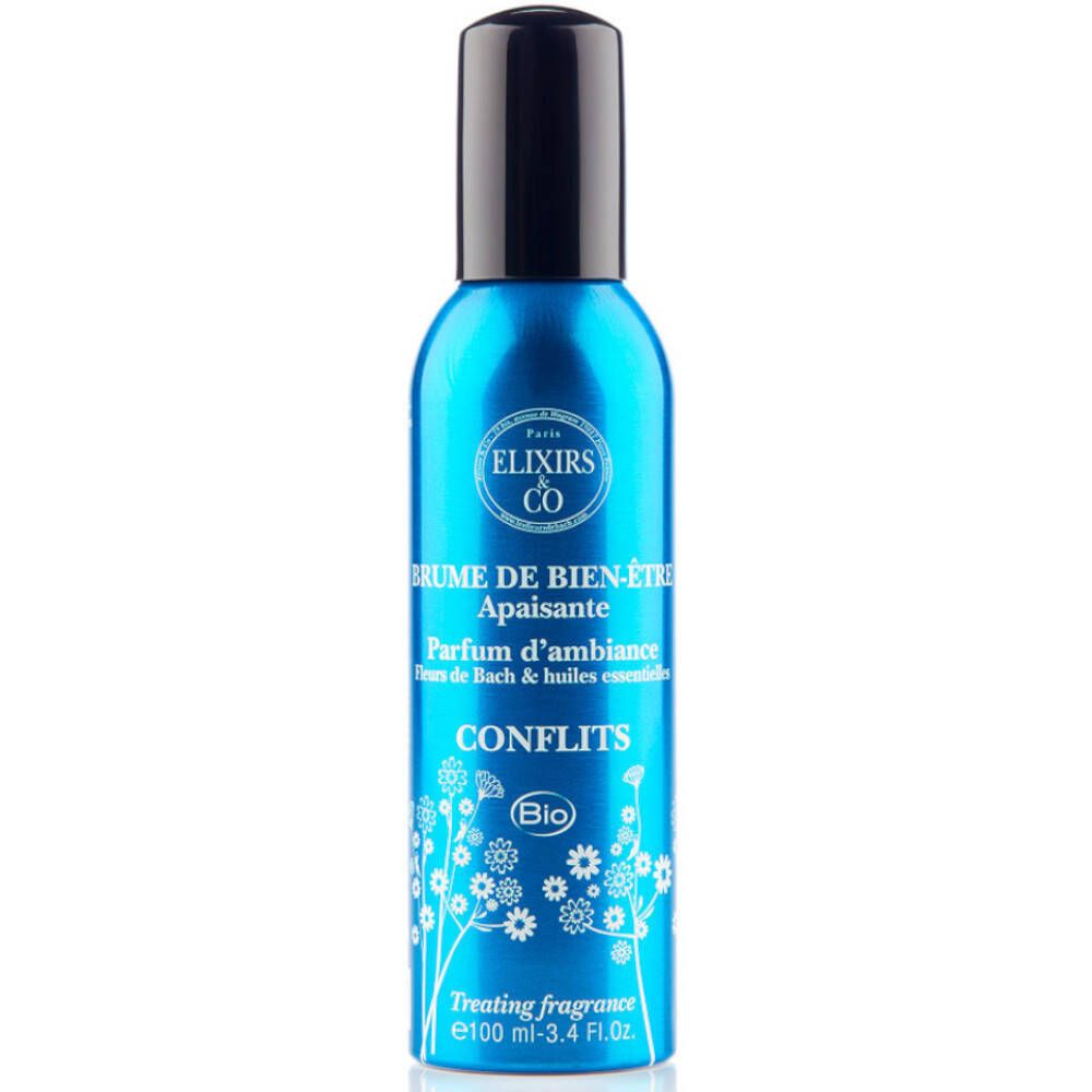 Spray bleu avec bouchon noir. Inscription: Elixirs & Co, Brume de Bien-Être, Conflits Bio.