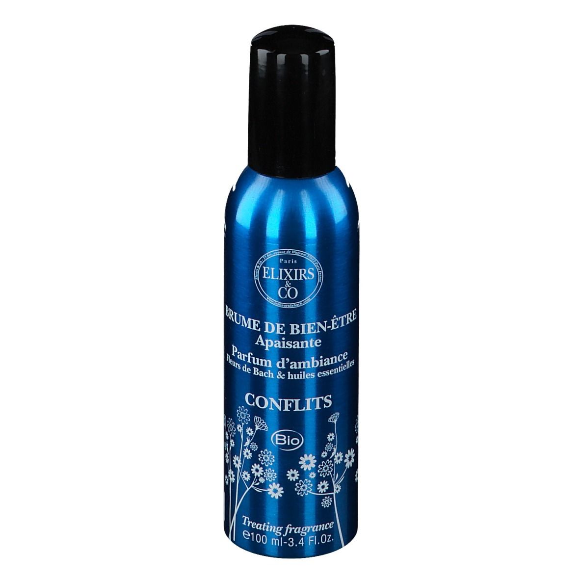 Spray bleu avec bouchon noir. Inscription: Elixirs & Co, Brume de Bien-Être, Conflits Bio.