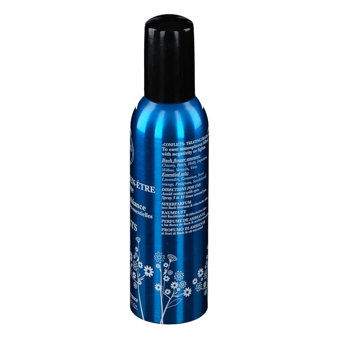 Spray bleu avec bouchon noir. Texte en français. Inscription: Elixirs & Co, Brume de Bien-Être, Conflits Bio.