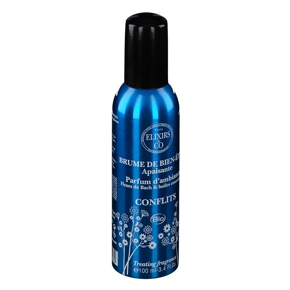Spray bleu avec bouchon noir. Inscription: Elixirs & Co, Brume de Bien-Être, Conflits Bio.