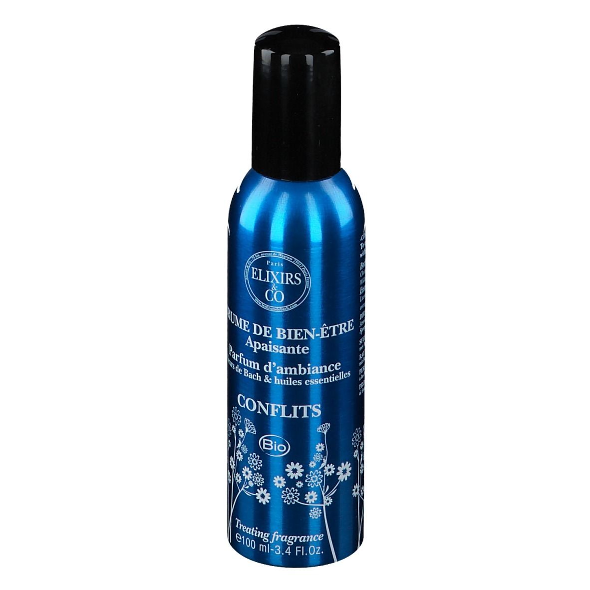 Spray bleu avec bouchon noir. Inscription: Elixirs & Co, Brume de Bien-Être, Conflits Bio.