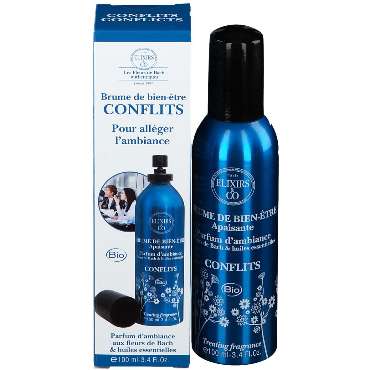Produit et emballage. Spray bleu avec bouchon noir et carton. Inscription: Elixirs & Co, Conflits.