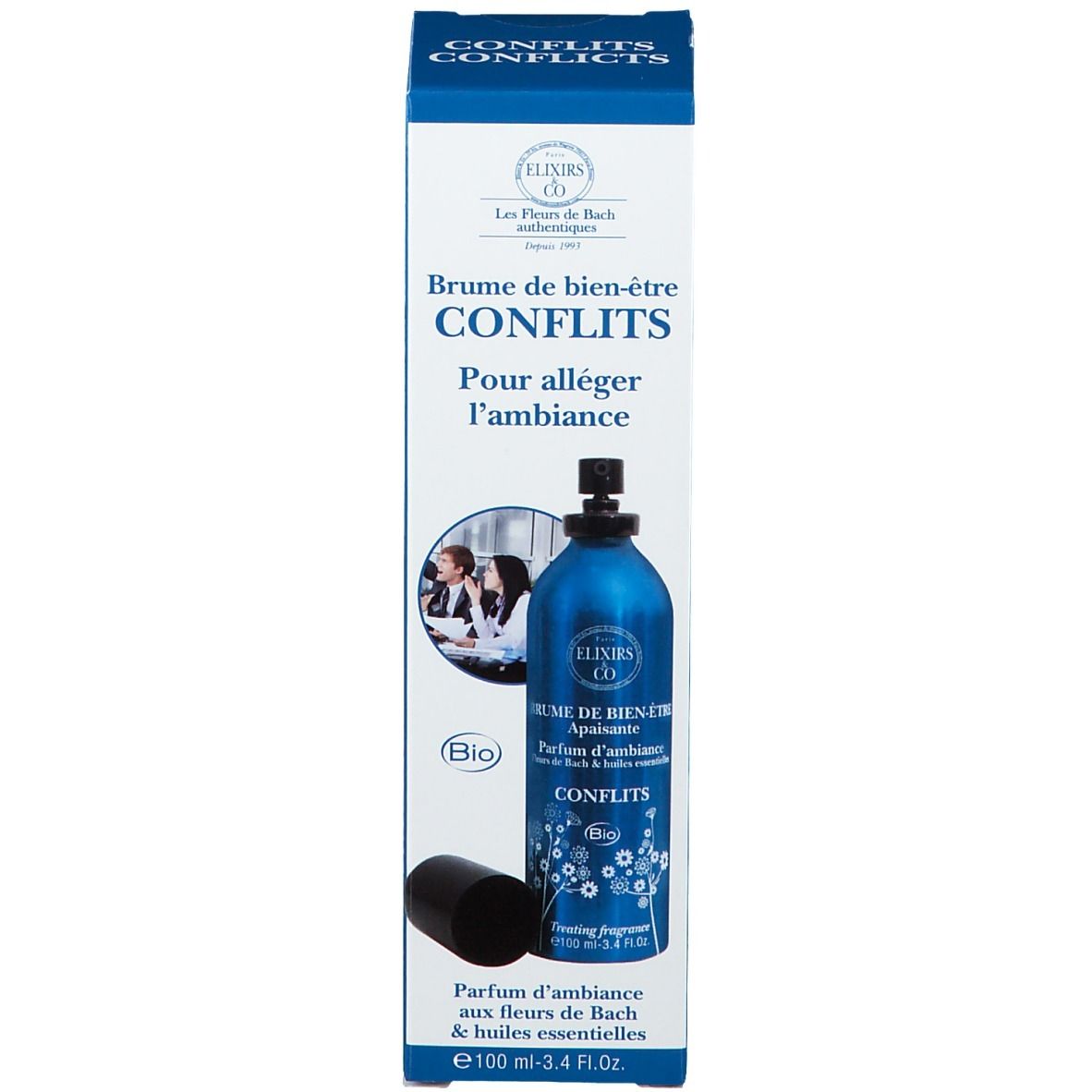 Produit et emballage. Spray bleu avec bouchon noir et carton. Inscription: Elixirs & Co, Conflits.