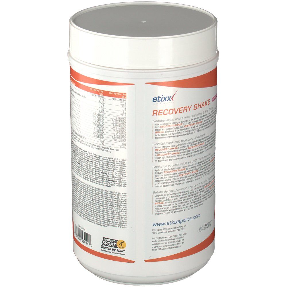 Zylinderförmige Dose mit weißem Deckel. Aufschrift: Etixx Recovery Shake. Text in mehreren Sprachen. Logo: Tested by sport.
