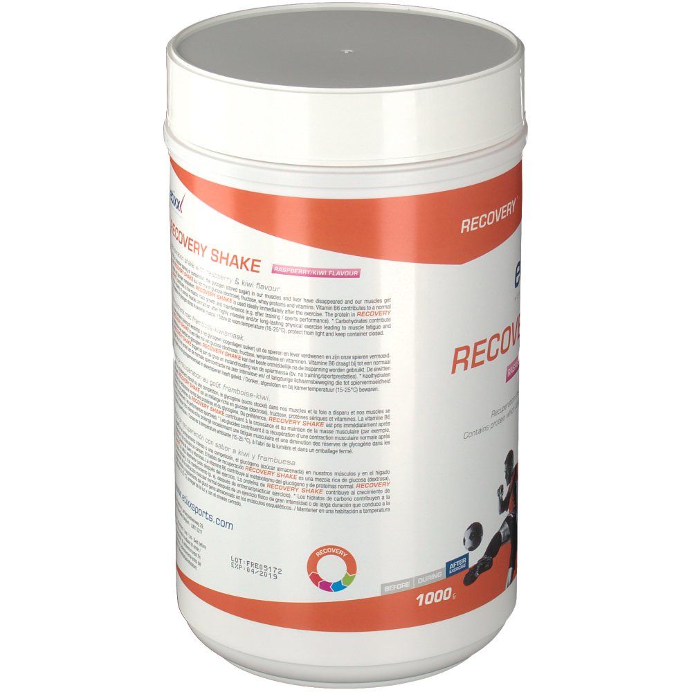 Zylinderförmige Dose mit weißem Deckel. Aufschrift: Etixx Recovery Shake. Text in mehreren Sprachen. Aufschrift: 1000.