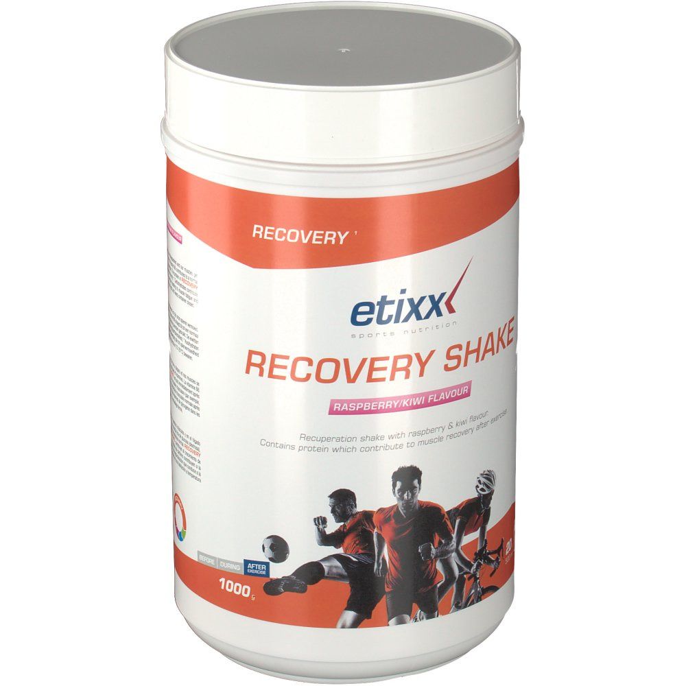 Zylinderförmige Dose mit weißem Deckel. Aufschrift: Etixx Recovery Shake Raspberry Kiwi Flavour. Abbildung von Sportlern.