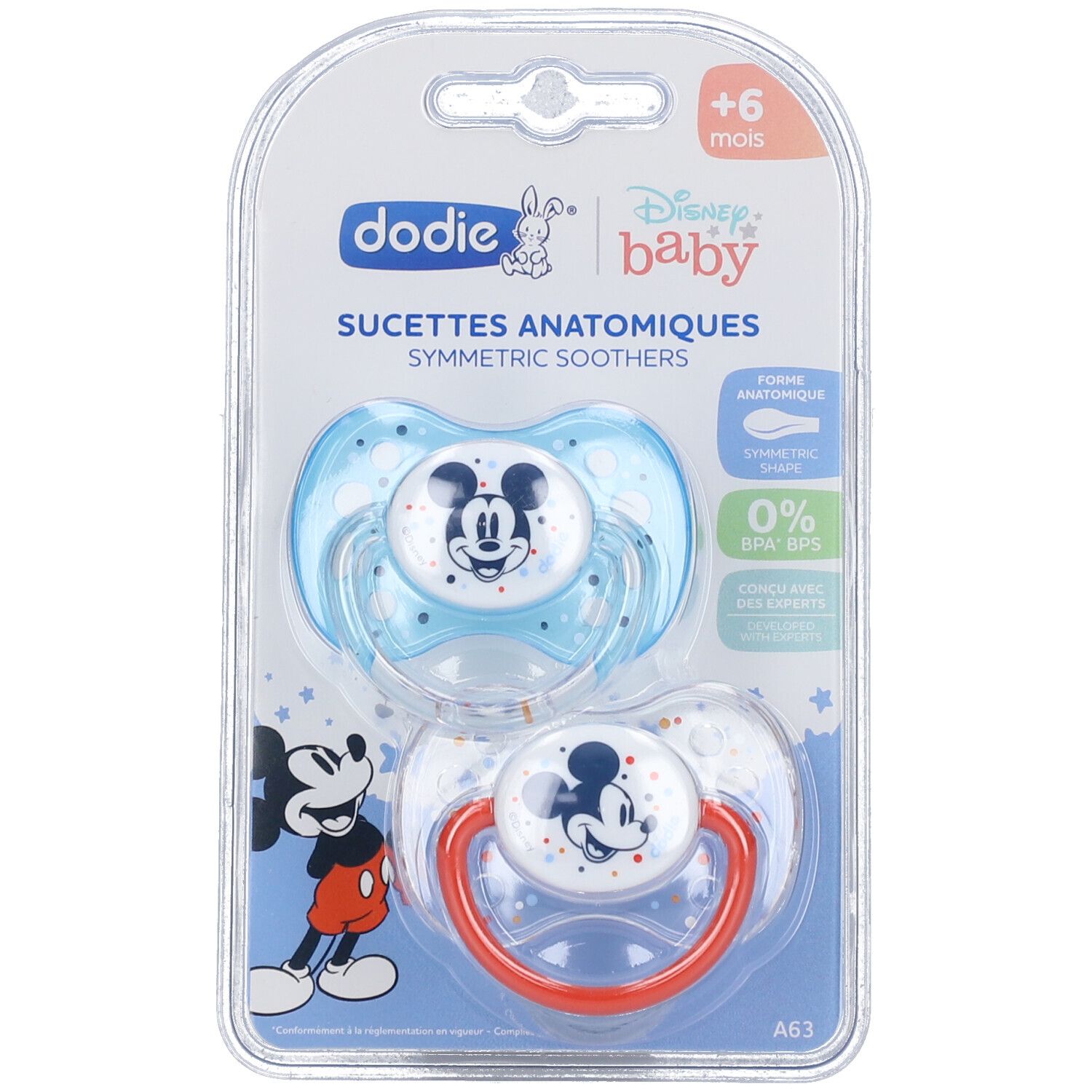 Zwei Schnuller in Blisterverpackung. Blau und rot, mit Mickey Mouse-Motiv. Marke: dodie® +6 Monate.