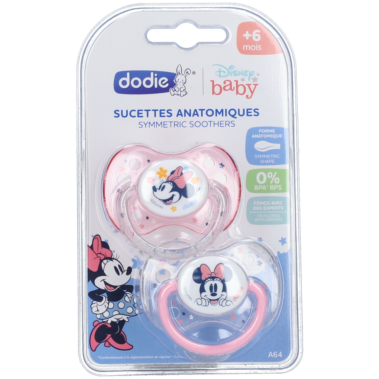 dodie® Sucette Anatomiques +6 mois "Duo Minnie" silicone avec anneau