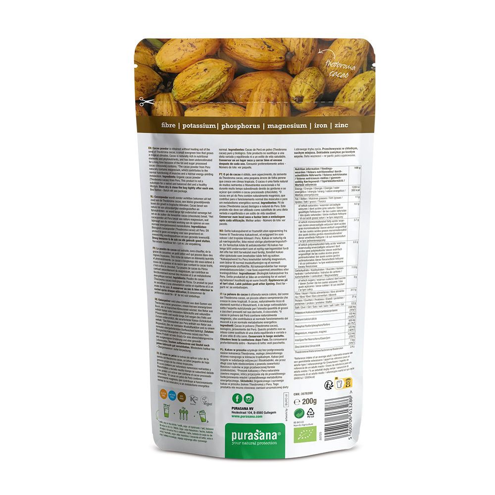 Sachet de poudre de cacao Purasana, dos. Informations nutritionnelles et ingrédients. Label bio visible.