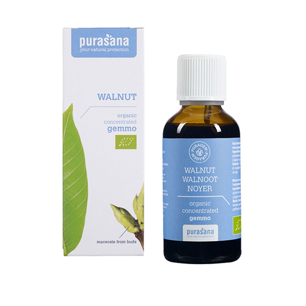 Braune Glasflasche mit weißem Deckel und blauer Etikett. Aufschrift: WALNUT, organic concentrated gemmo, purasana.