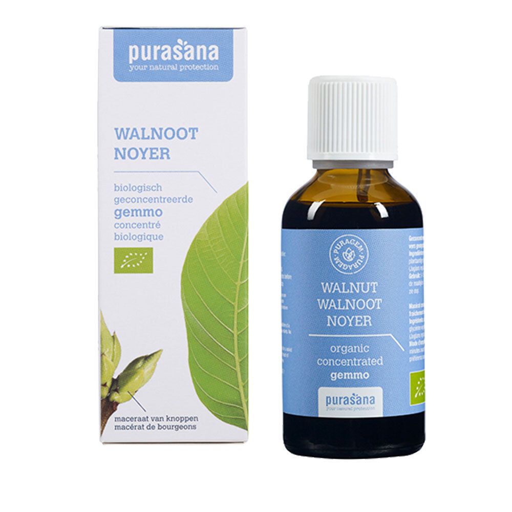 Braune Glasflasche mit weißem Deckel und blauem Etikett. Aufschrift: WALNOOT NOYER WALNUT, organic concentrated gemmo, purasana.