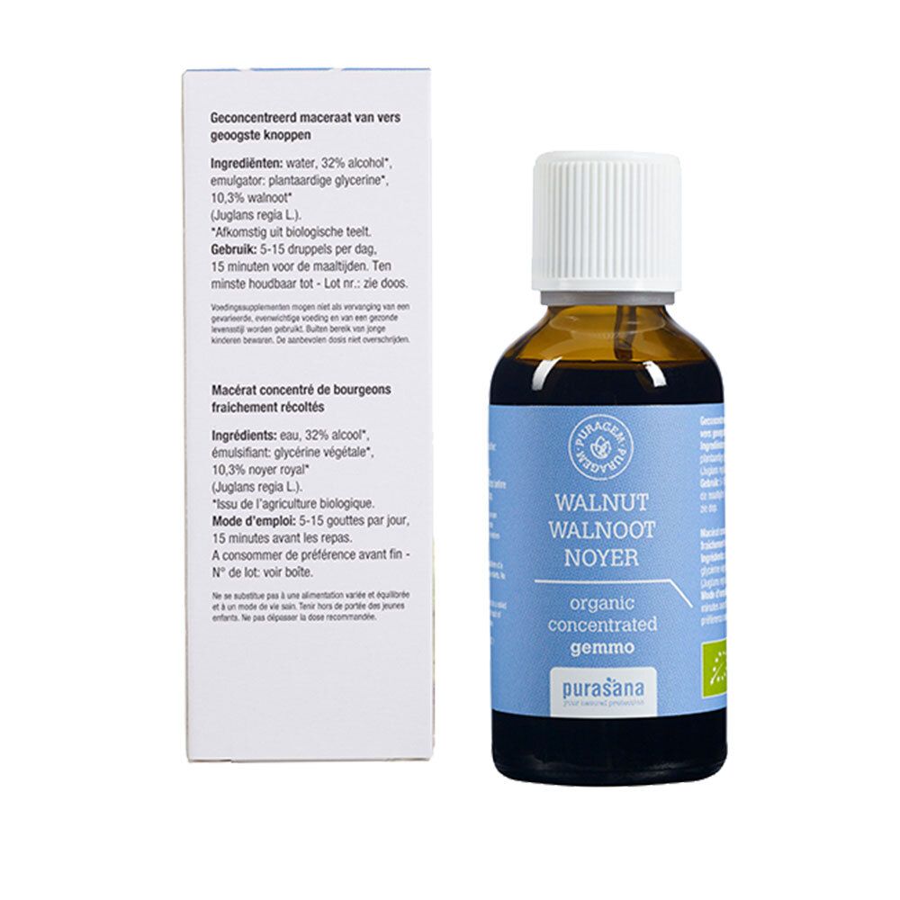 Braune Glasflasche mit weißem Deckel und blauem Etikett. Aufschrift: WALNOOT NOYER WALNUT, organic concentrated gemmo, purasana.