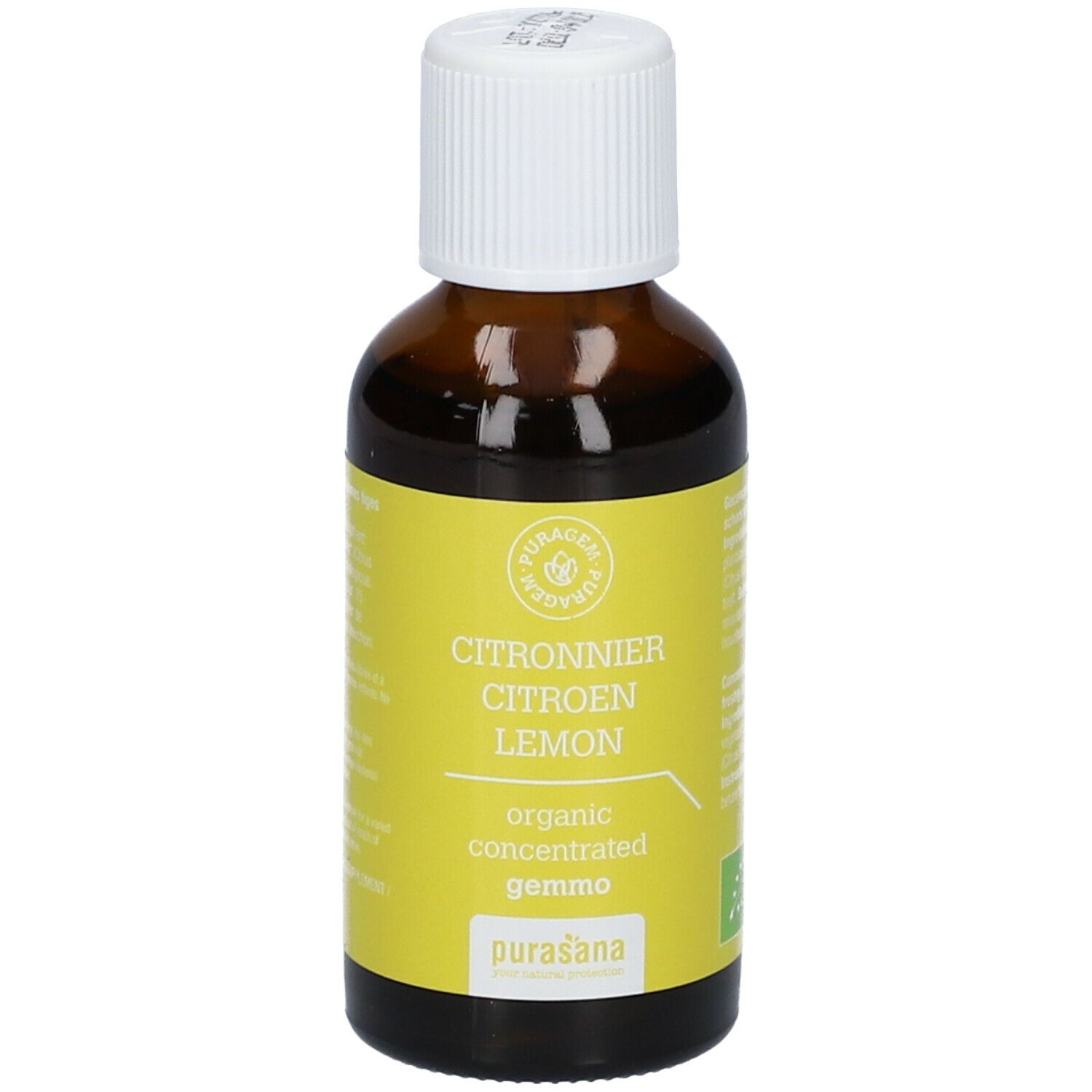 Braune Glasflasche mit gelbem Etikett. Aufschrift: Citronnier Citroen Lemon, organic concentrated gemmo, purasana.