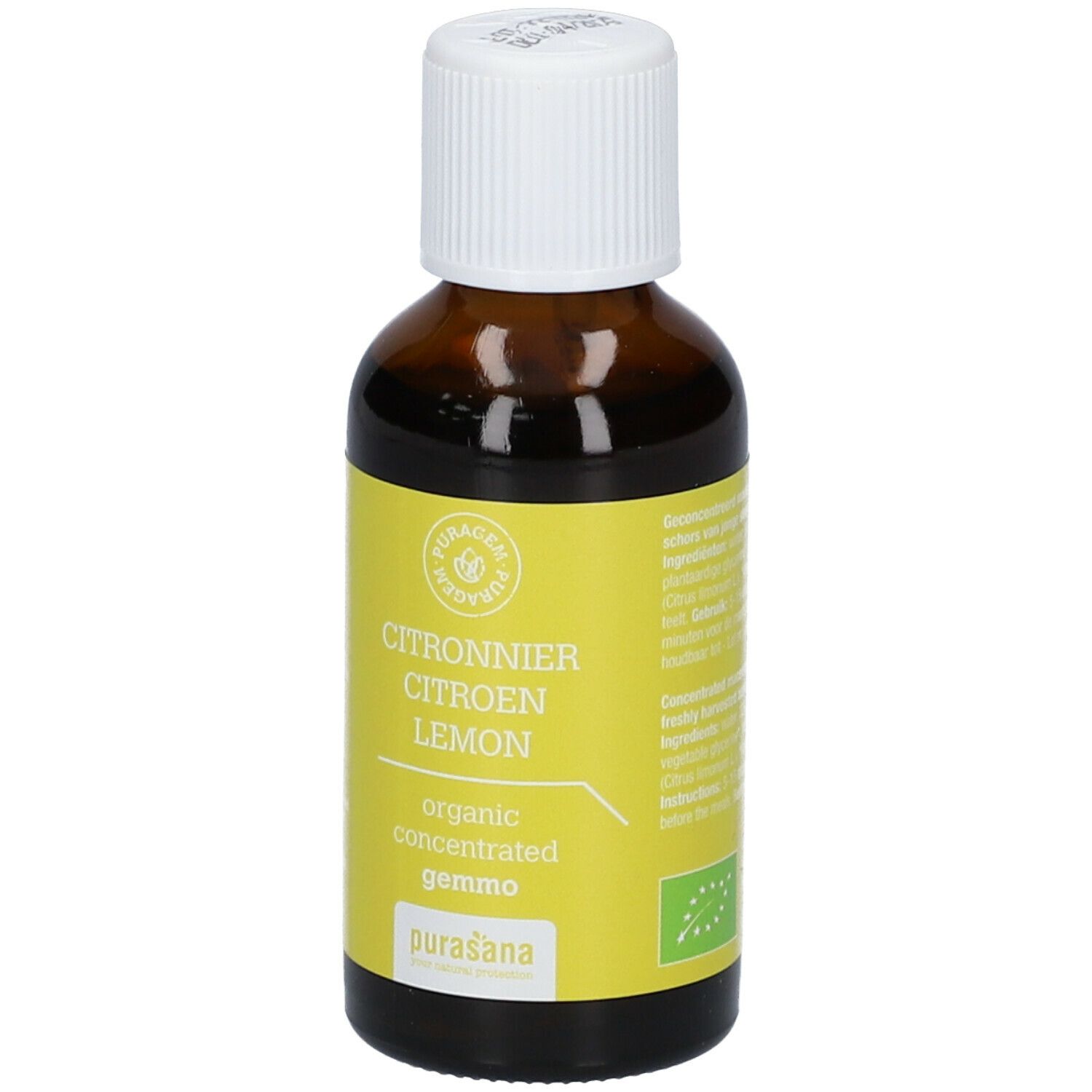 Braune Glasflasche mit gelbem Etikett. Aufschrift: Citronnier Citroen Lemon, organic concentrated gemmo, purasana.