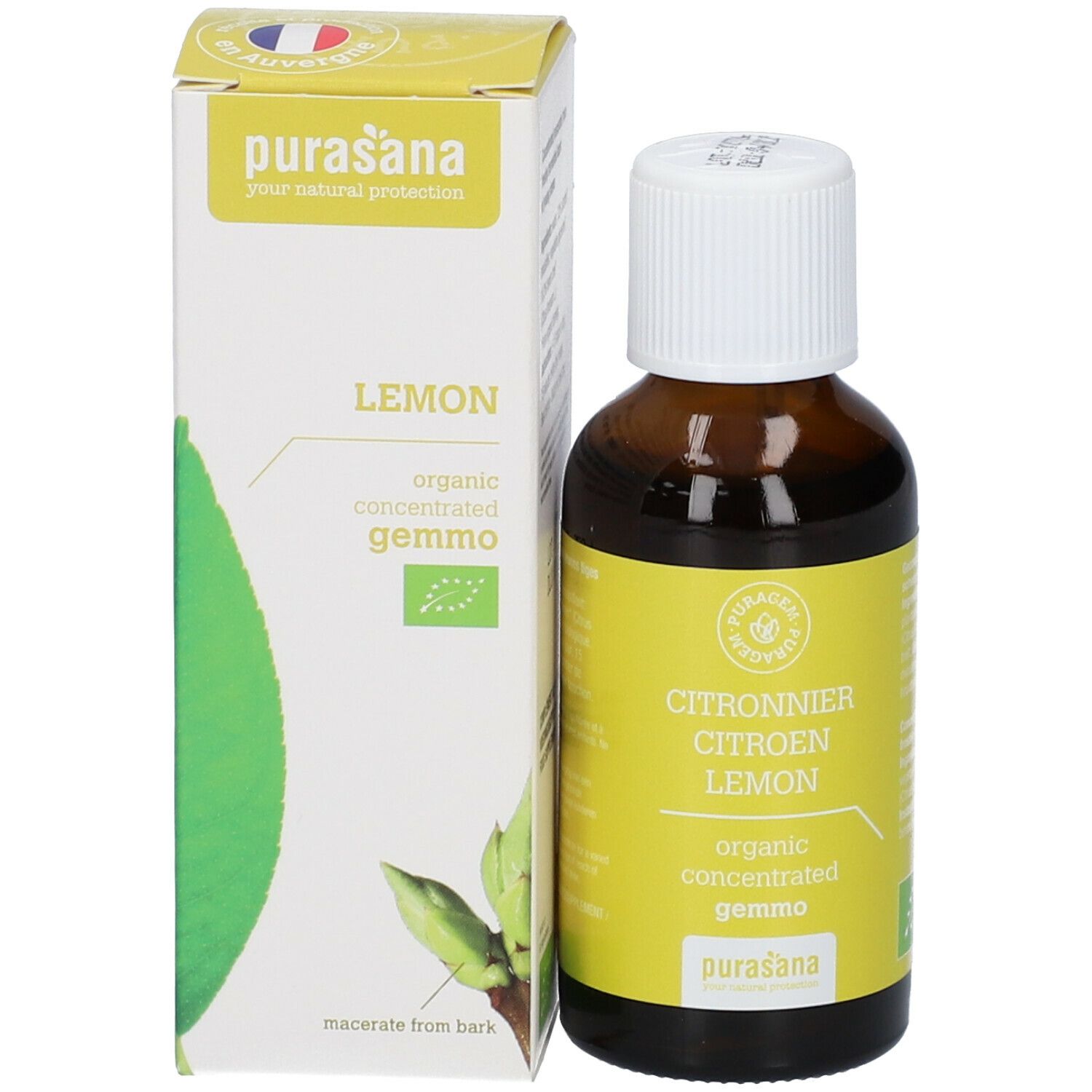 Braune Glasflasche und Kartonverpackung. Aufschrift: Lemon, organic concentrated gemmo, purasana. Mit EU-Bio-Logo.