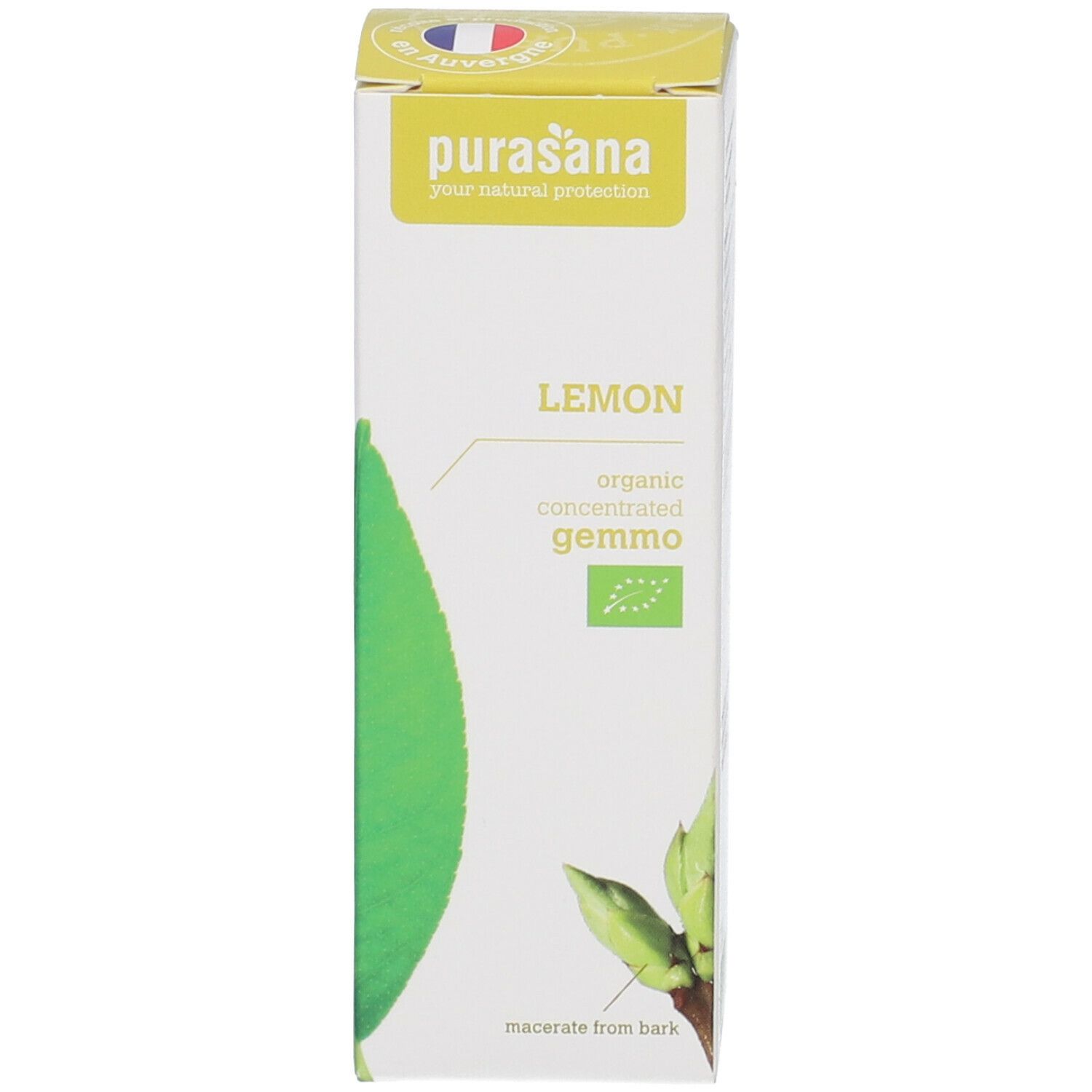 Kartonverpackung mit Aufschrift: Lemon, organic concentrated gemmo, purasana. Mit EU-Bio-Logo und Abbildung von Blättern.