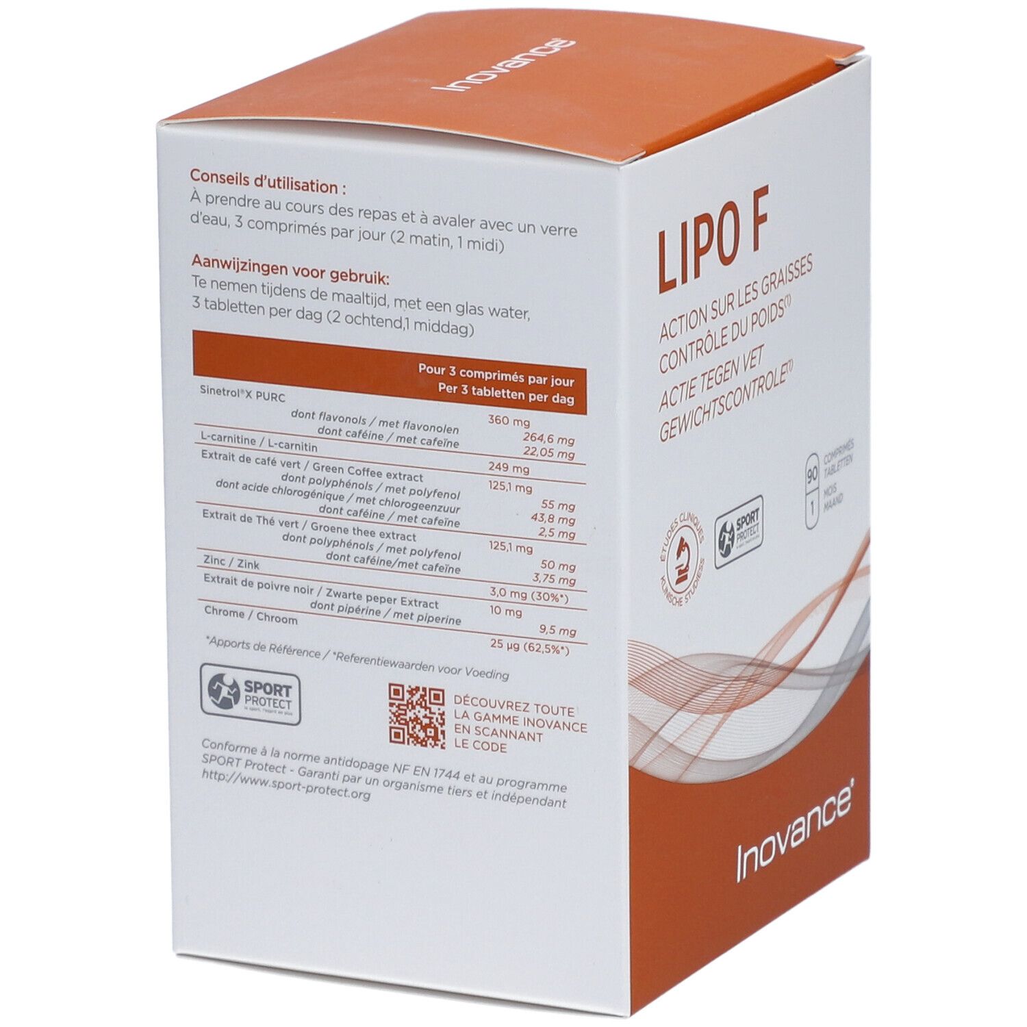 Rückseite der Inovance Lipo F-Verpackung. Enthält eine Zutatenliste und Informationen zur Anwendung. Mit QR-Code.