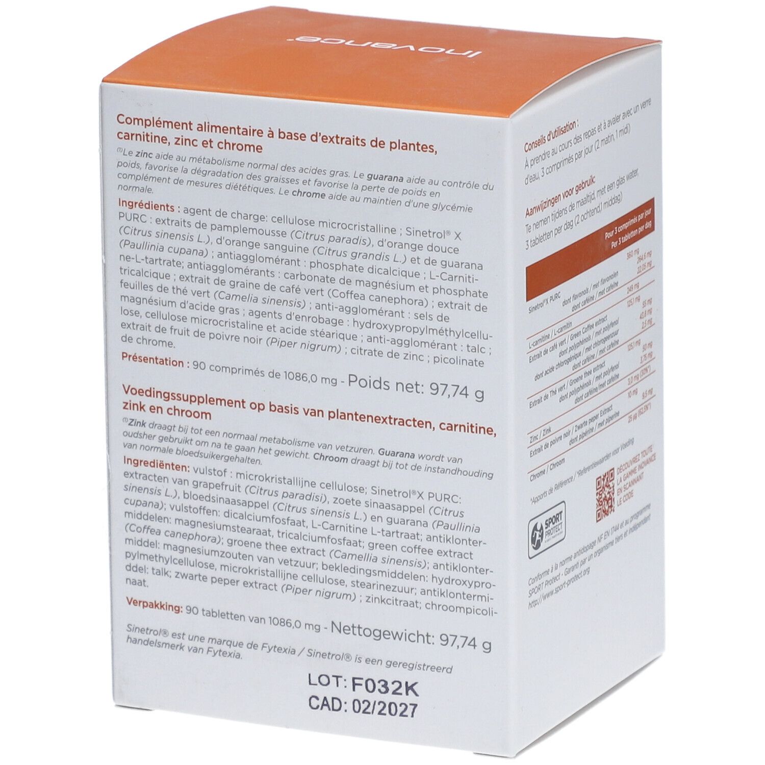 Inovance Lipo F-Verpackung. Enthält Informationen zu Inhaltsstoffen, Nettogewicht und Chargennummer. Mit QR-Code.