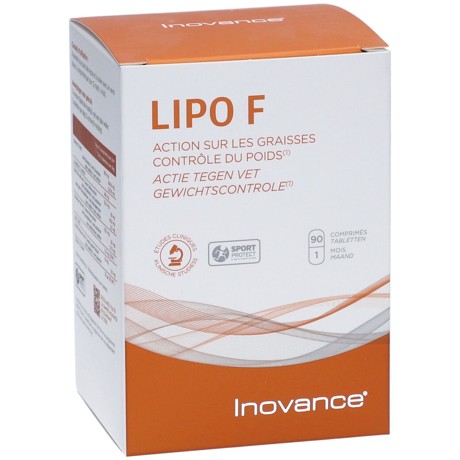 Inovance Lipo F-Verpackung. Aufschrift: Action sur les graisses, Controle du poids, Actie tegen vet, Gewichtcontrole. 90 Tabletten.