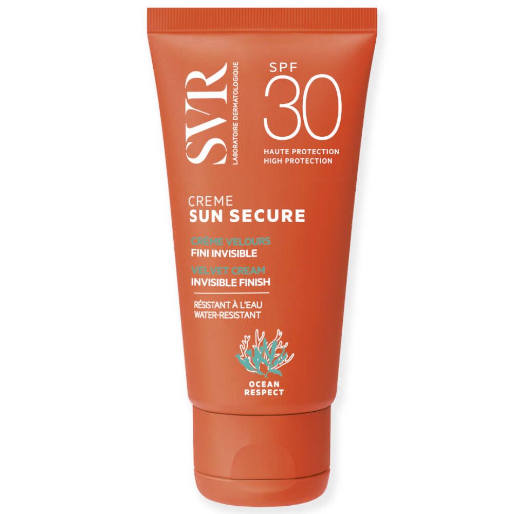 Orange Tube mit SVR Sun Secure Creme, SPF 30. Text: Creme Velours, Fini Invisible, Wasserfest.