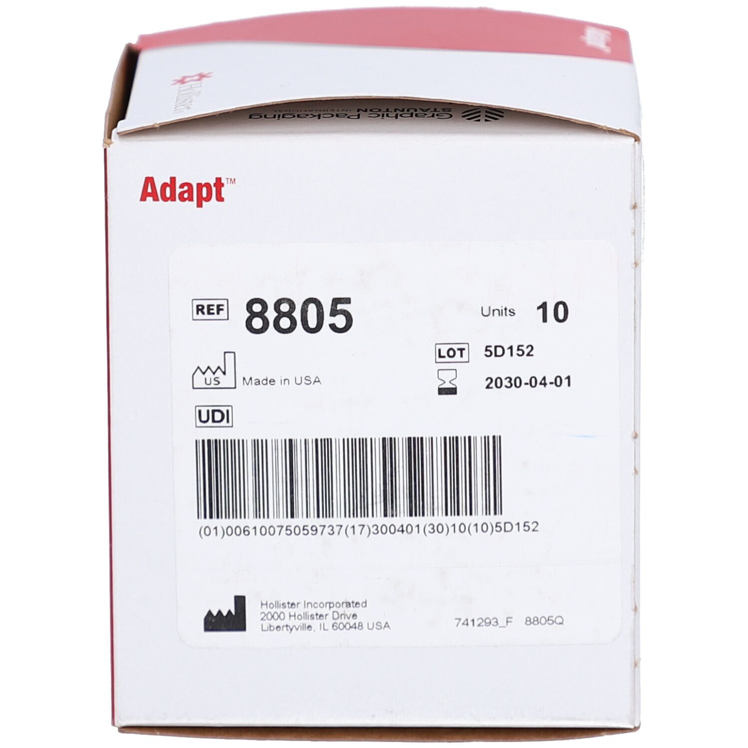 Weiße Verpackung mit schwarzer Schrift. Referenznummer 8805. Hergestellt in den USA. Chargennummer und Verfallsdatum.