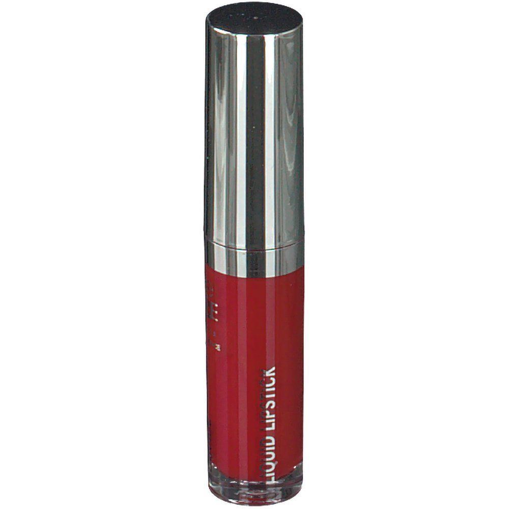 Roter flüssiger Lippenstift in einer zylindrischen, transparenten Flasche mit silberner Kappe. Aufschrift: Liquid Lipstick.