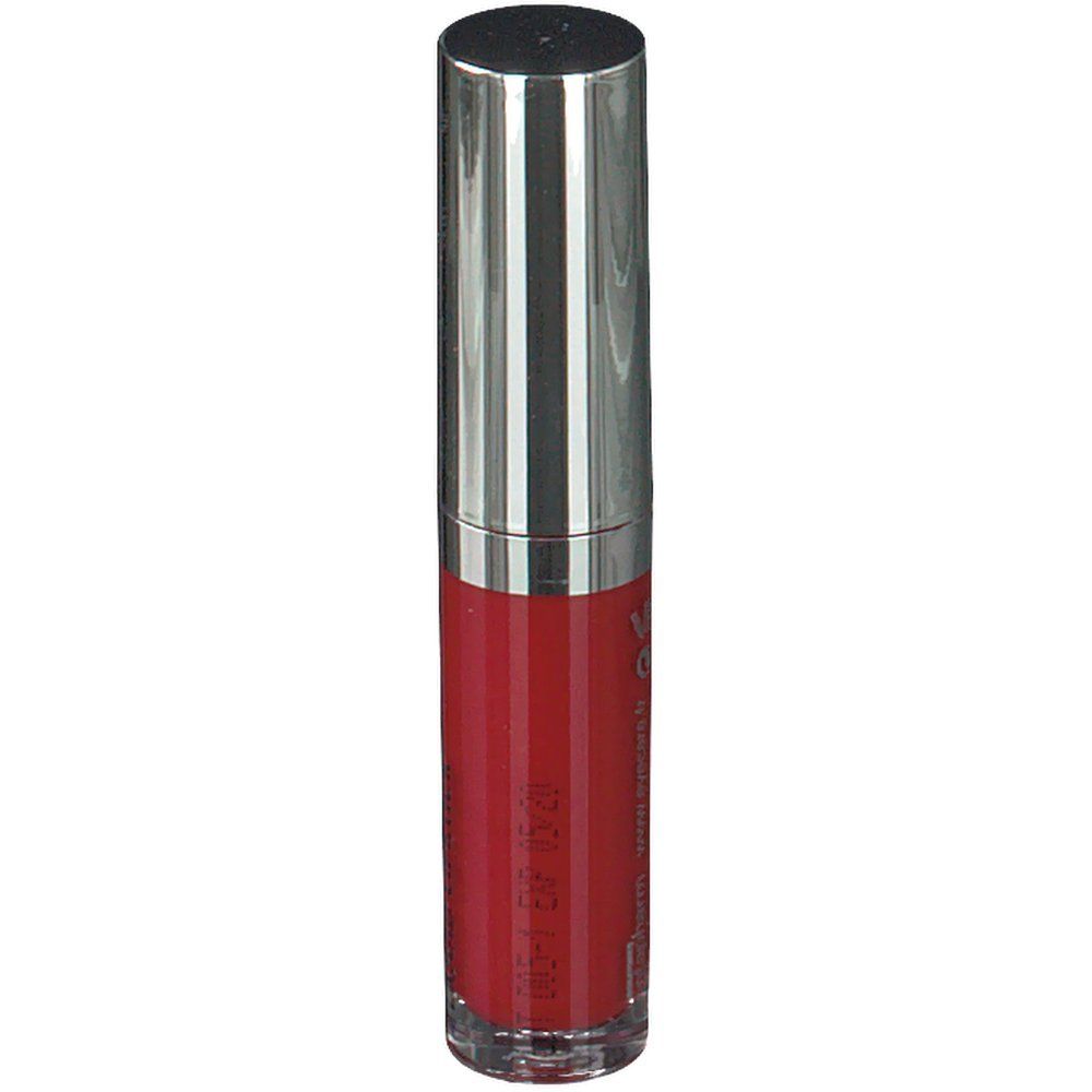 Roter flüssiger Lippenstift in einer zylindrischen, transparenten Flasche mit silberner Kappe. Aufschrift und Chargennummer.