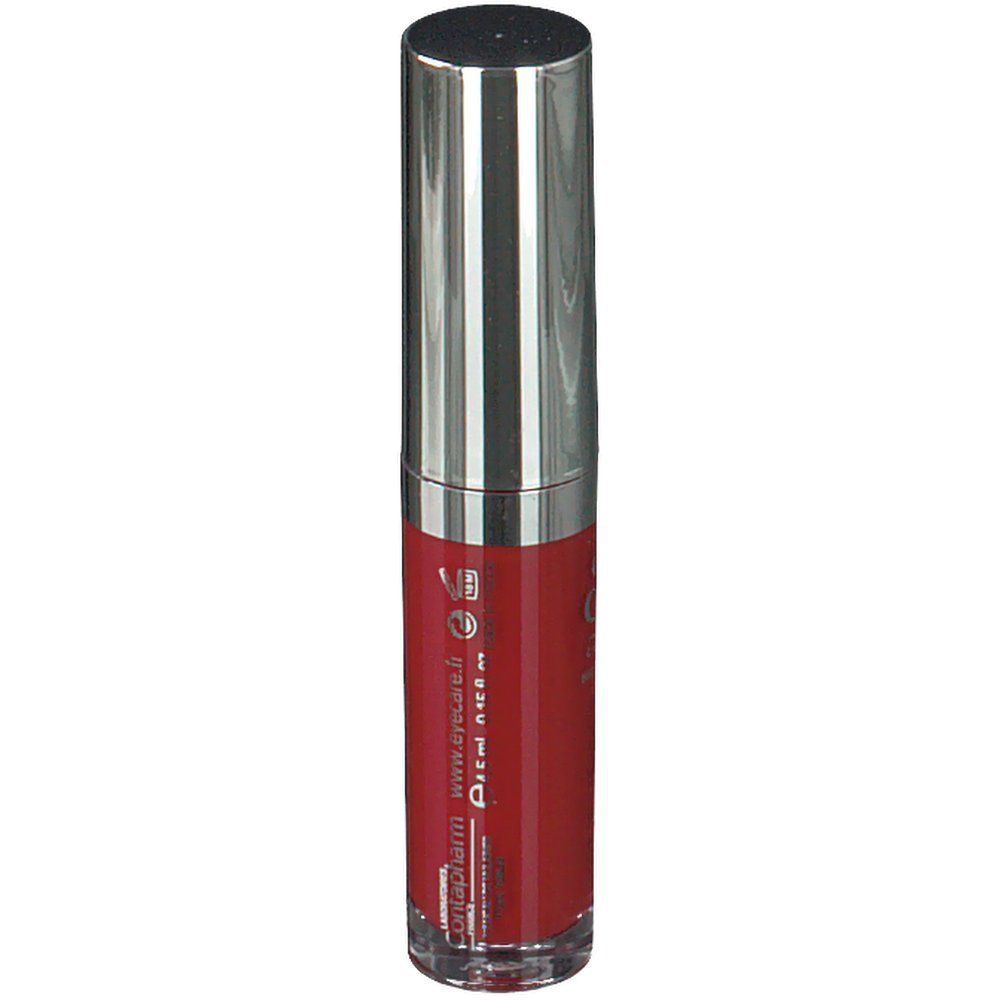 Roter flüssiger Lippenstift in einer zylindrischen, transparenten Flasche mit silberner Kappe. Aufschrift: Eye Care.