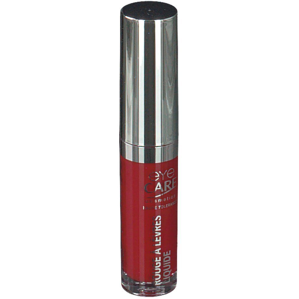Roter flüssiger Lippenstift in einer zylindrischen, transparenten Flasche mit silberner Kappe. Aufschrift: Rouge à Lèvres Liquide.