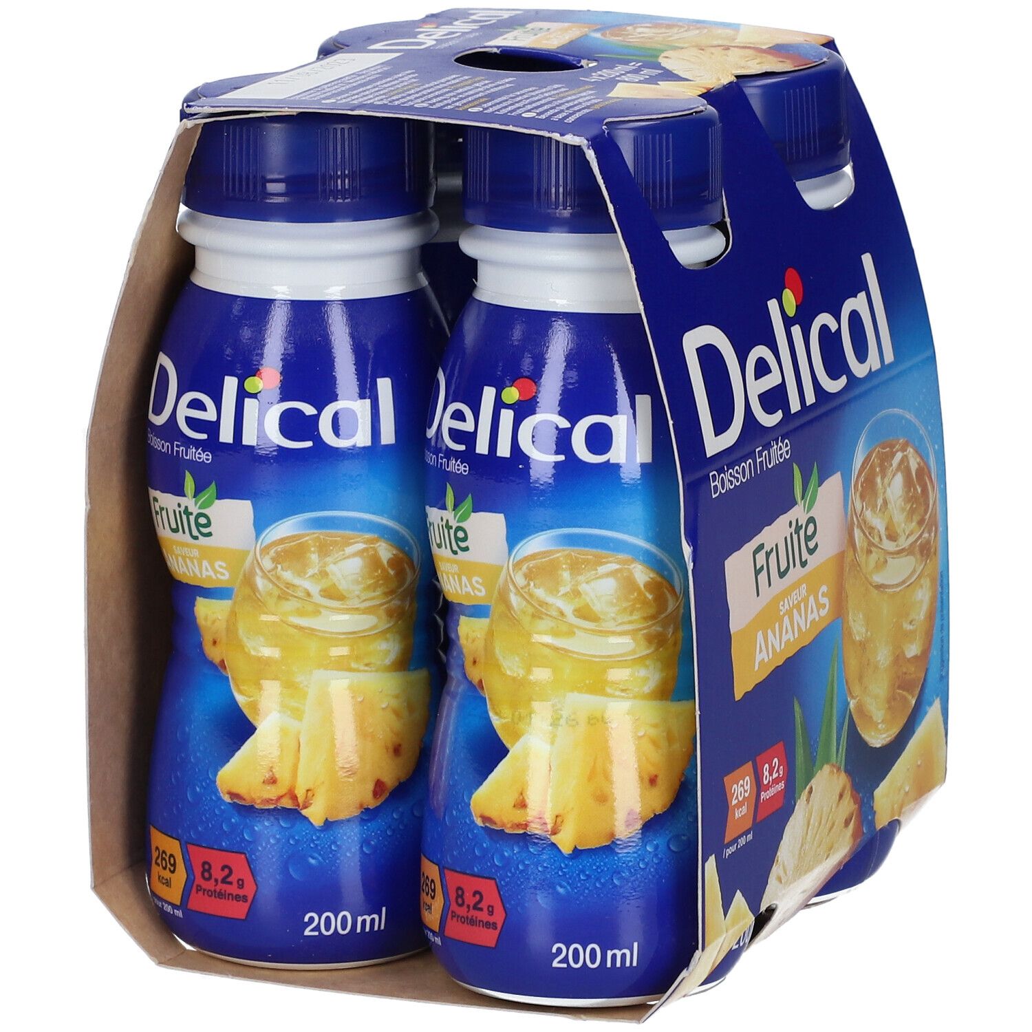 Packung mit zwei Flaschen Delical Fruchtdrink Ananas. Blaue Flaschen mit gelbem Etikett und Ananas-Illustration. Kartonverpackung.