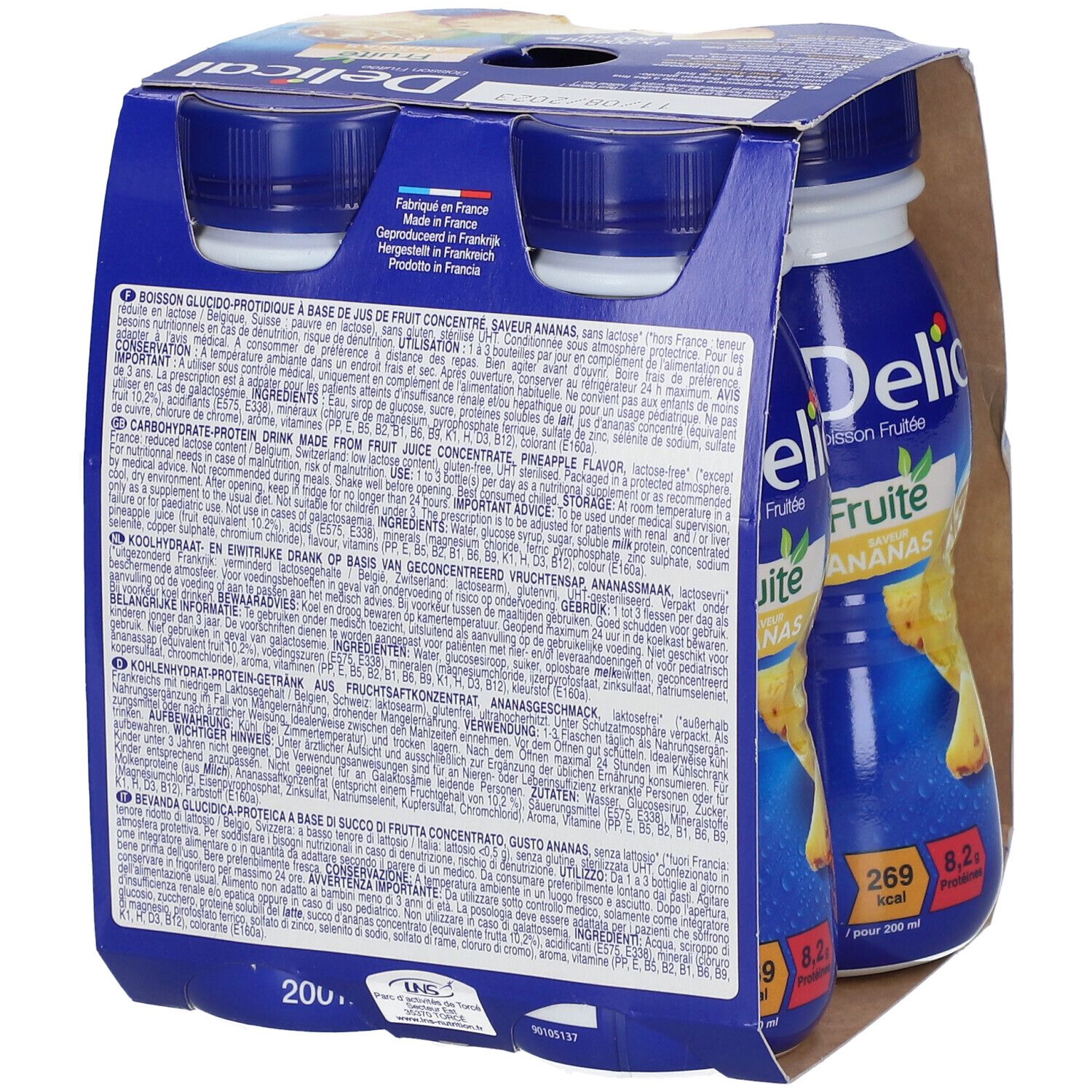 Rückseite einer Packung Delical Fruchtdrink Ananas. Text in mehreren Sprachen. Blaue Verpackung mit Produktinformationen und Nährwertangaben.