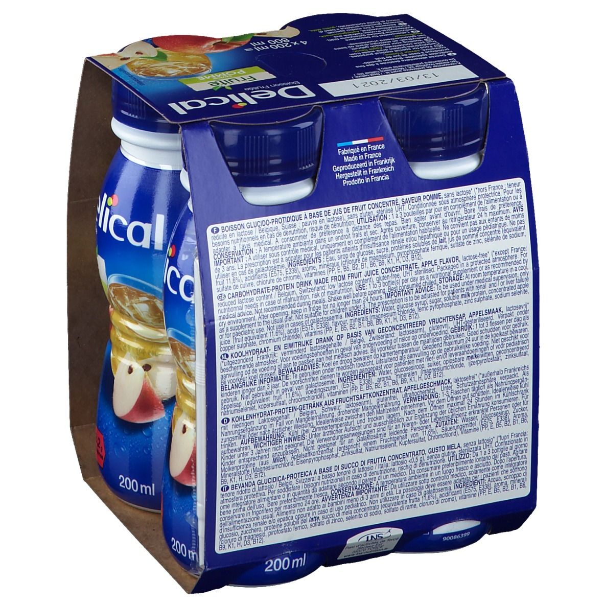 Dos de l'emballage de quatre bouteilles de boisson fruitée. Informations textuelles multilingues. Logo "Delical".