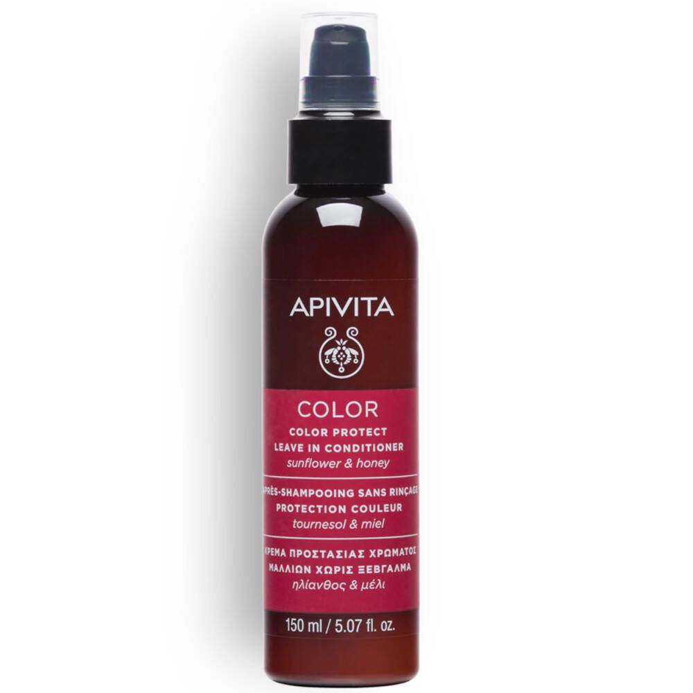Braune Flasche mit Sprühkopf. Aufschrift: Apivita, Color Protect Leave In Conditioner. 150 ml.