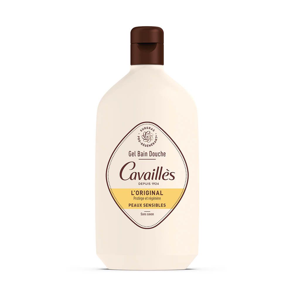 Flacon beige, bouchon marron. Inscription: Cavaillès, L'ORIGINAL, Peaux sensibles. Gel Bain Douche.