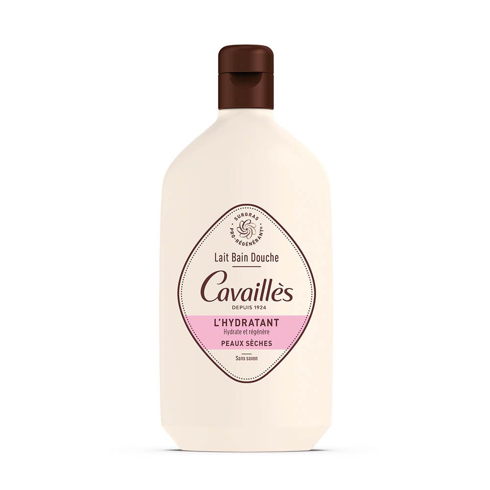 Bain douche Rogé Cavaillès. Flacon blanc, bouchon marron. Étiquette avec informations produit et logo.