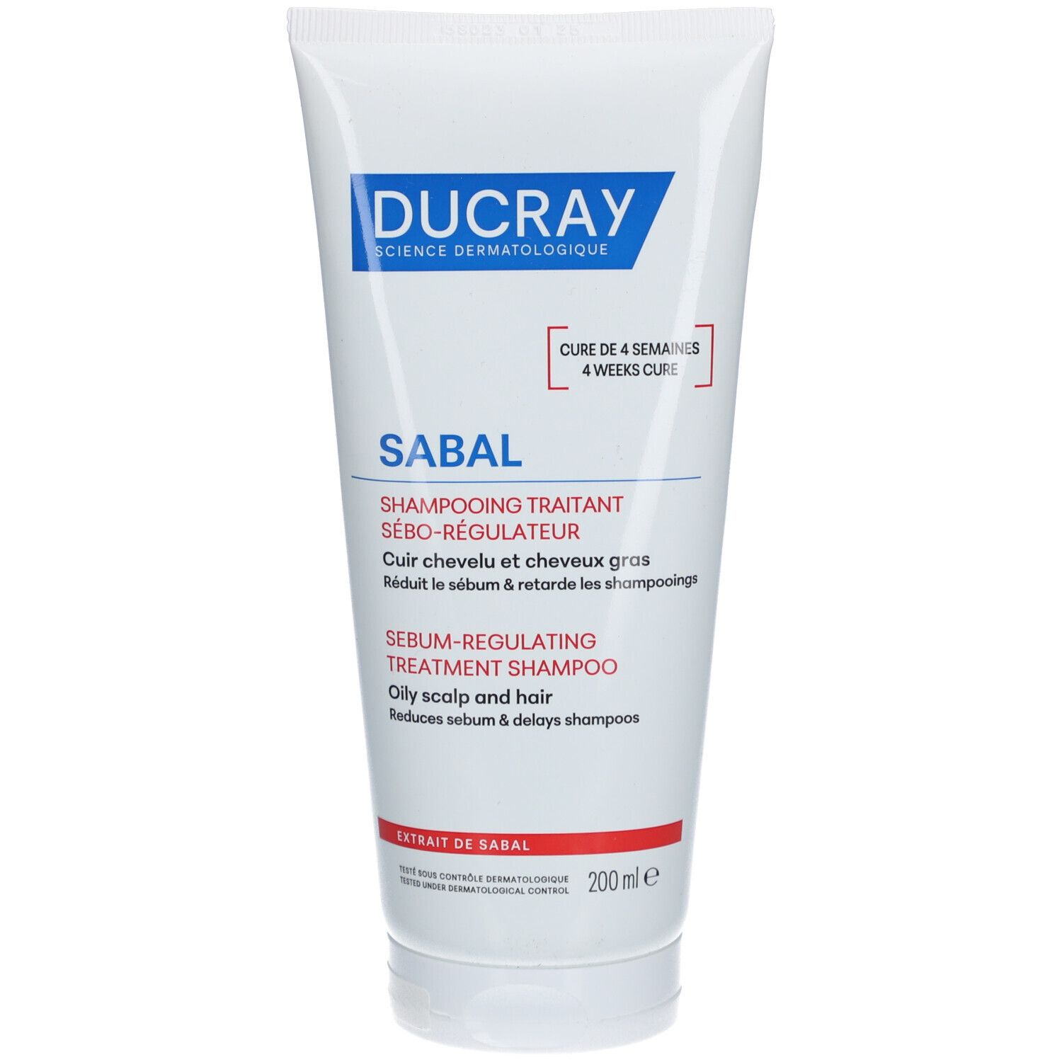 Weiß-blaue Tube. Ducray Sabal Shampoo. Text: Sebum-Regulierendes Shampoo. 200 ml.