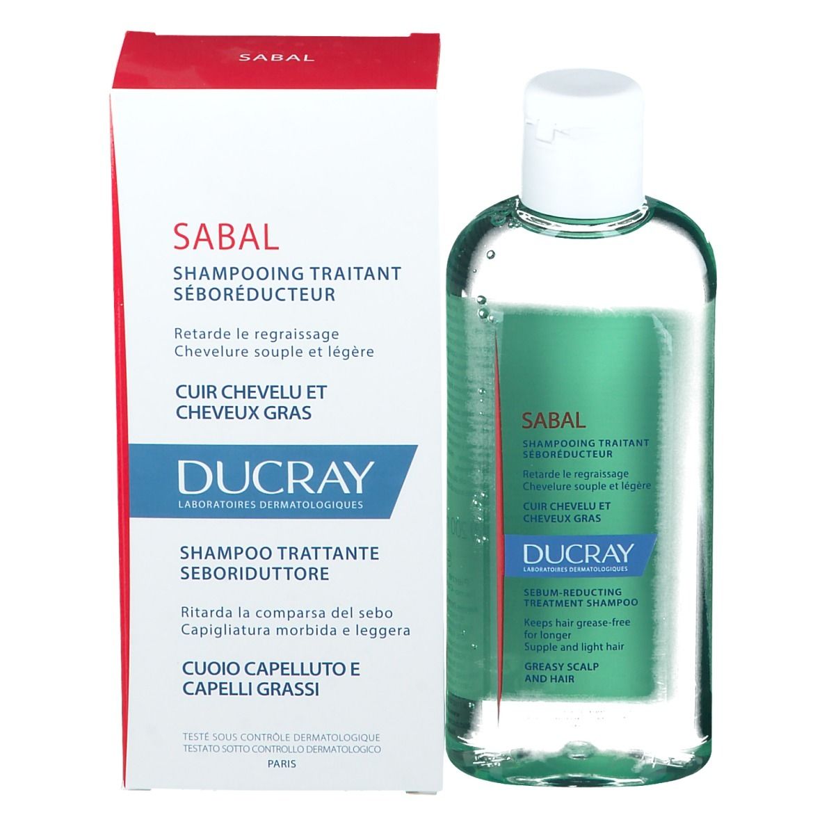 Produktverpackung. Shampoo-Flasche und Schachtel. Text: Sabal Shampoo. Ducray Logo.