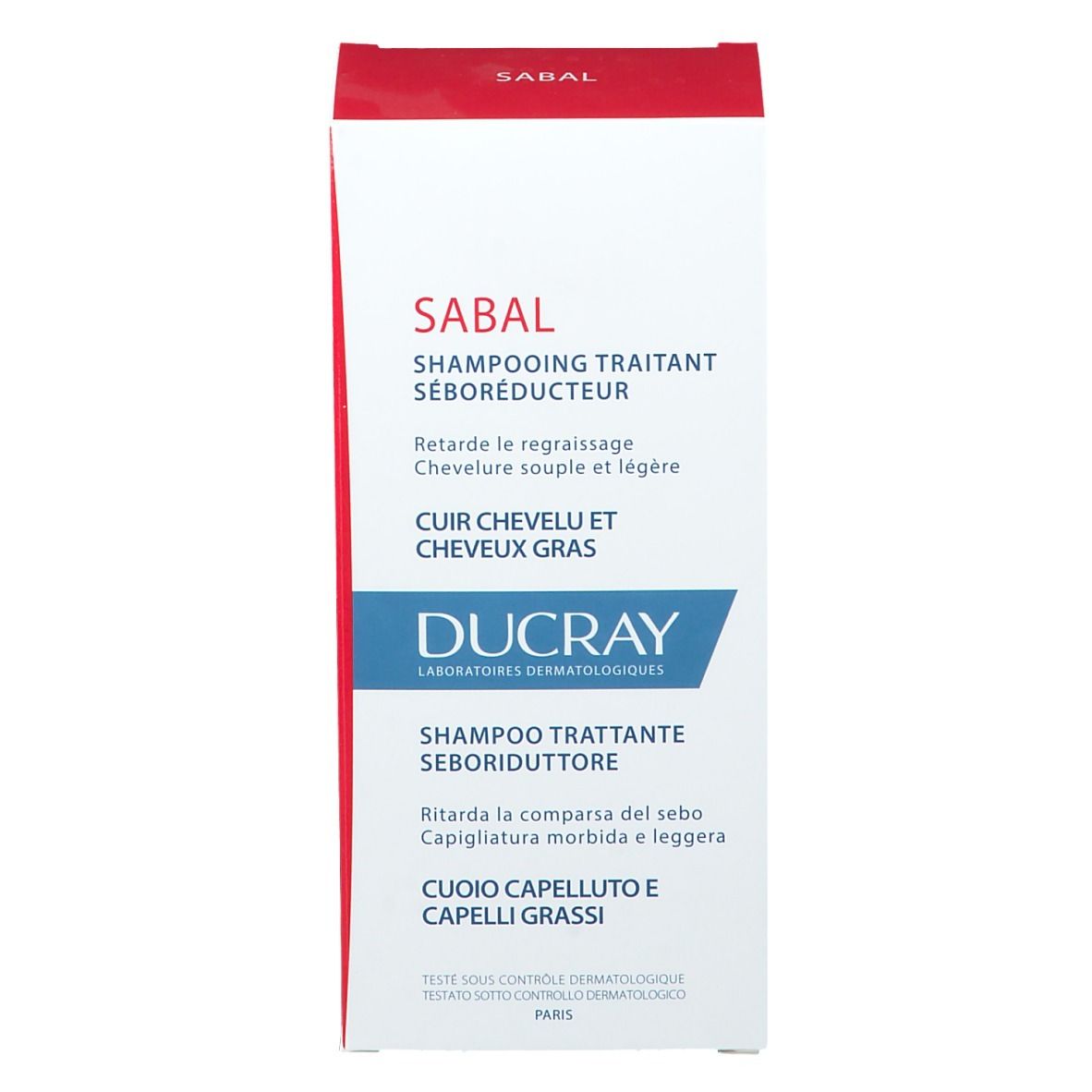Produktverpackung. Weiße Schachtel mit rotem Deckel. Text: Sabal Shampoo. Ducray Logo.