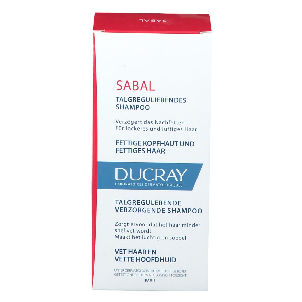 Seitenansicht der Produktverpackung. Text: Sabal Shampoo. Ducray Logo. Inhaltsstoffe.
