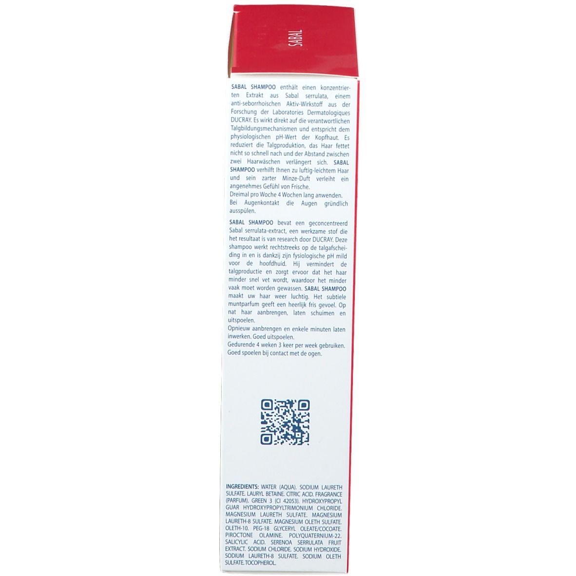 Produktverpackung. Text: Sabal Shampoo. Ducray Logo. Inhaltsstoffe und QR-Code.